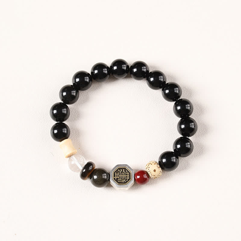 Buddha Stones 黒曜石八卦護符チベット丸ビーズブレスレット - 黒曜石（保護♥グラウンディング） - image 0
