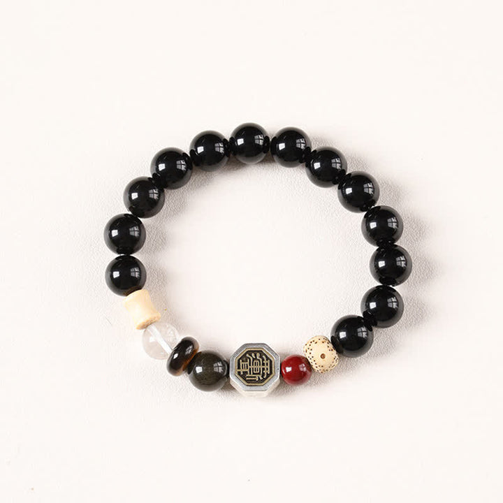 Buddha Stones 黒曜石八卦護符チベット丸ビーズブレスレット - 黒曜石（保護♥グラウンディング） - image 0