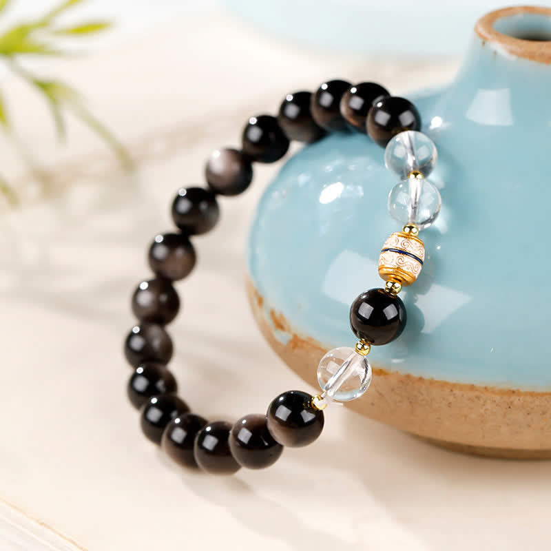 Buddha Stones シルバーシーンオブシディアンジービーズプロテクションラウンドブレスレット - image 1