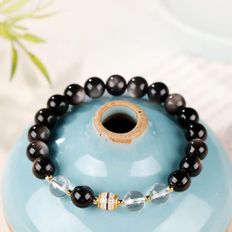 Buddha Stones シルバーシーンオブシディアンジービーズプロテクションラウンドブレスレット - シルバーシーンオブシディアン（保護♥癒し） - 8mm（手首周り16～17cm） - image 0