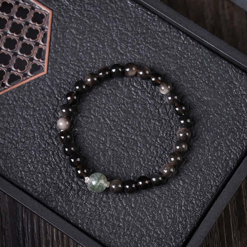 Buddha Stones 黒曜石のグラウンディング ハンドメイド 中国風ラウンドブレスレット - グリーンファントムトップビーズ - 黒曜石（浄化♥力） - image 1