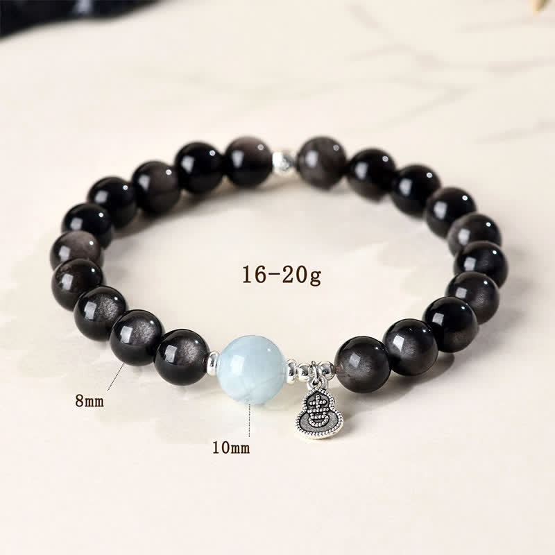 Buddha Stones シルバーシーンオブシディアンアクアマリングラウンディングラッキーゴードラウンドブレスレット - image 4