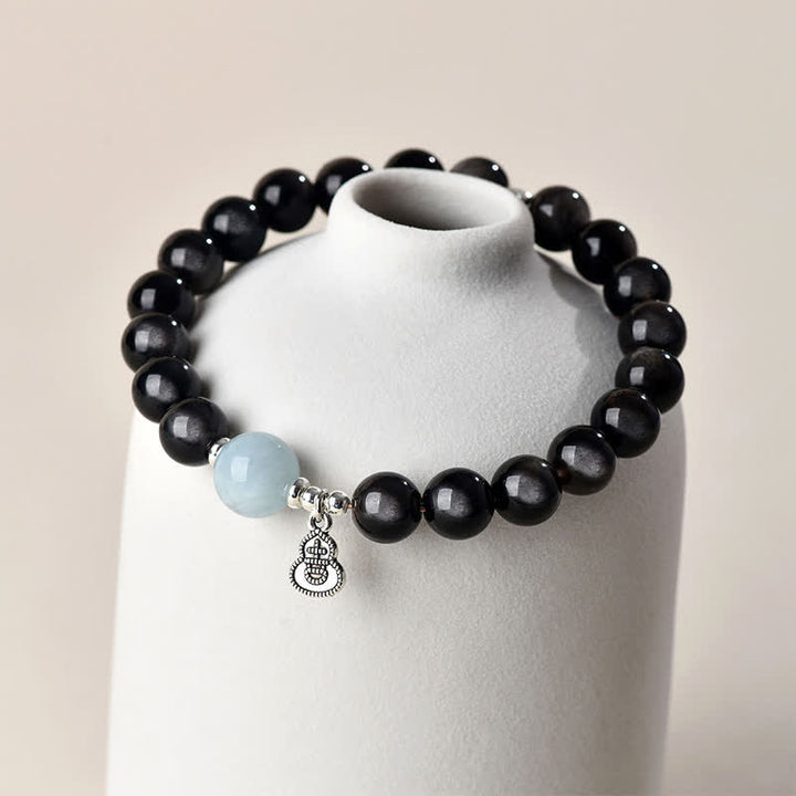 Buddha Stones シルバーシーンオブシディアンアクアマリングラウンディングラッキーゴードラウンドブレスレット - image 3