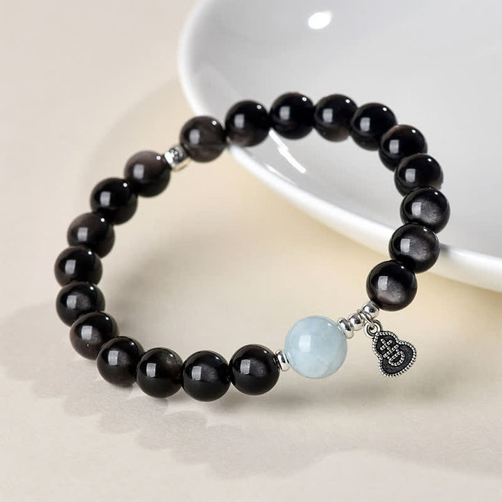 Buddha Stones シルバーシーンオブシディアンアクアマリングラウンディングラッキーゴードラウンドブレスレット - image 2