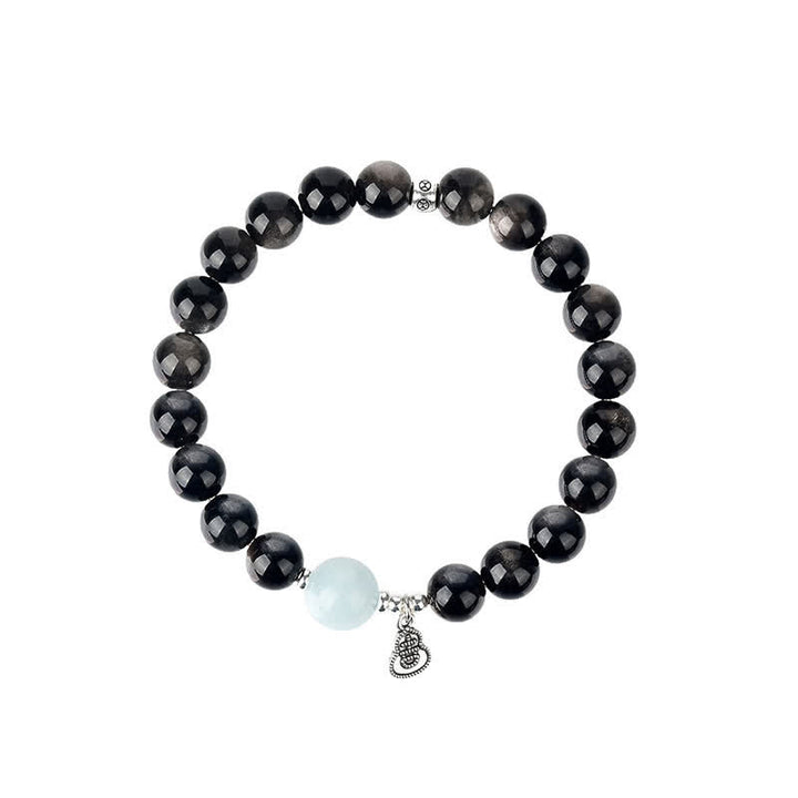 Buddha Stones シルバーシーンオブシディアンアクアマリングラウンディングラッキーゴードラウンドブレスレット - image 9