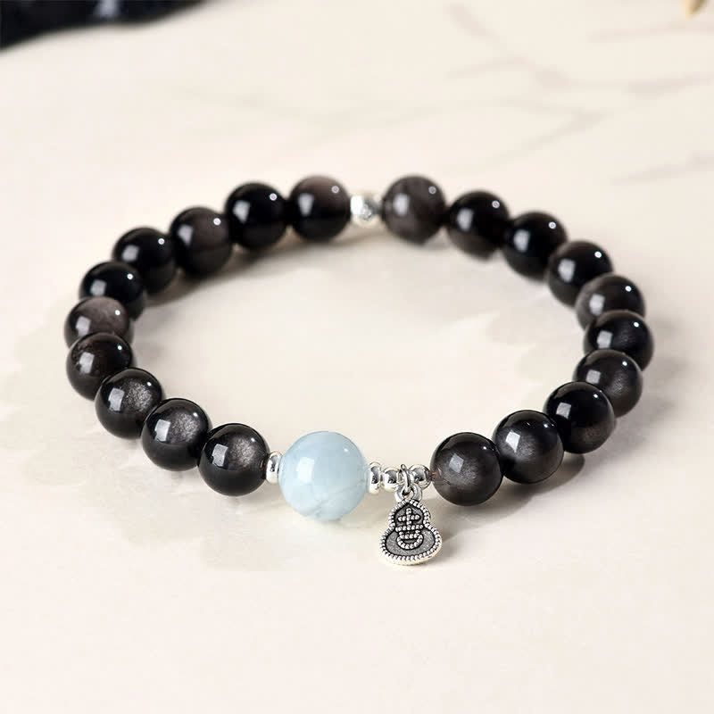 Buddha Stones シルバーシーンオブシディアンアクアマリングラウンディングラッキーゴードラウンドブレスレット - シルバーシーンオブシディアン（保護♥癒し） - image 0