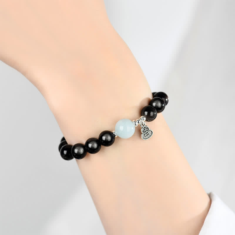 Buddha Stones シルバーシーンオブシディアンアクアマリングラウンディングラッキーゴードラウンドブレスレット - image 8