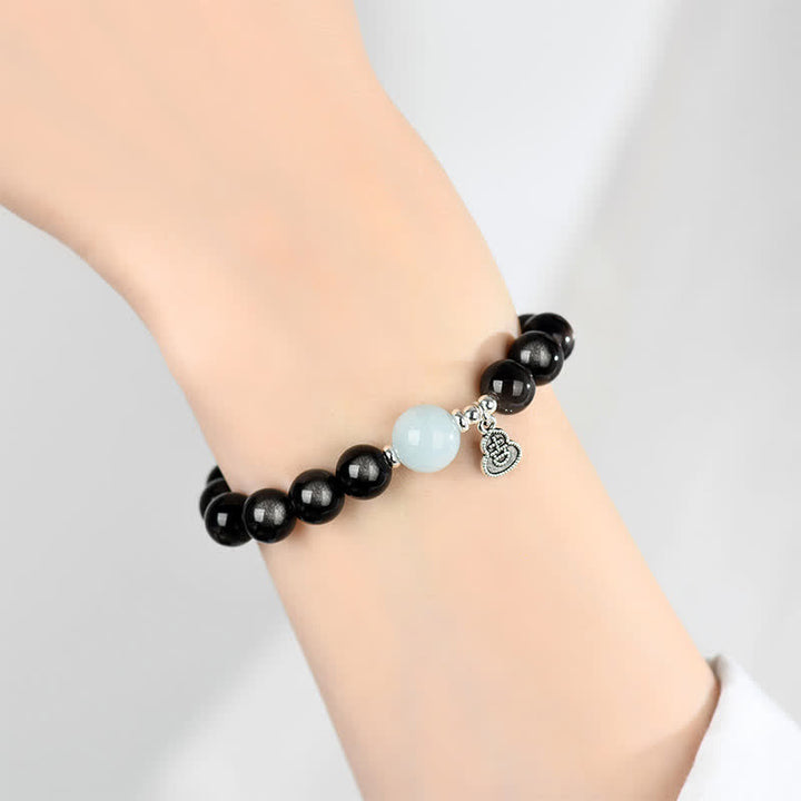 Buddha Stones シルバーシーンオブシディアンアクアマリングラウンディングラッキーゴードラウンドブレスレット - image 8
