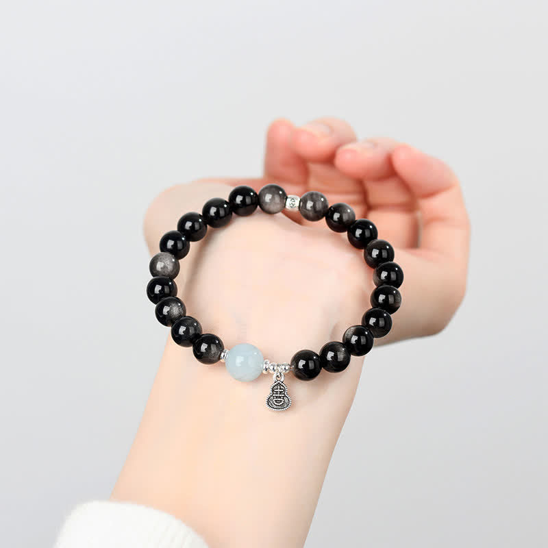 Buddha Stones シルバーシーンオブシディアンアクアマリングラウンディングラッキーゴードラウンドブレスレット - image 7
