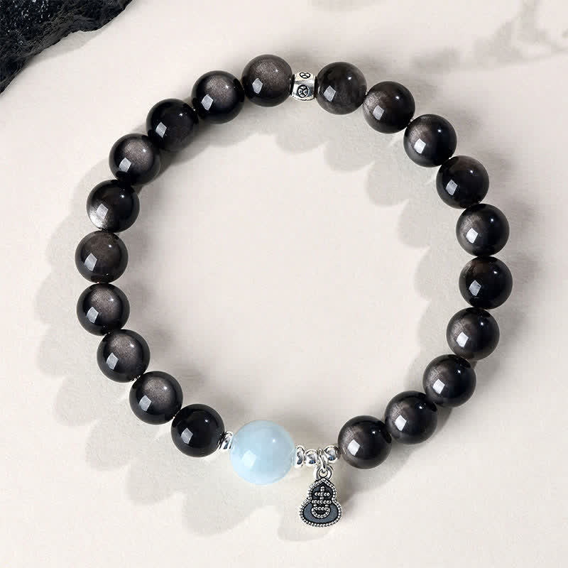 Buddha Stones シルバーシーンオブシディアンアクアマリングラウンディングラッキーゴードラウンドブレスレット - image 1