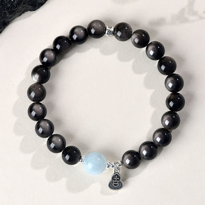 Buddha Stones シルバーシーンオブシディアンアクアマリングラウンディングラッキーゴードラウンドブレスレット - image 1