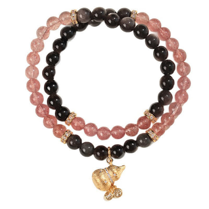 Buddha Stones ストロベリークォーツとゴールドワイヤーのひょうたん型ラブ良縁祈願ラップブレスレット - image 7