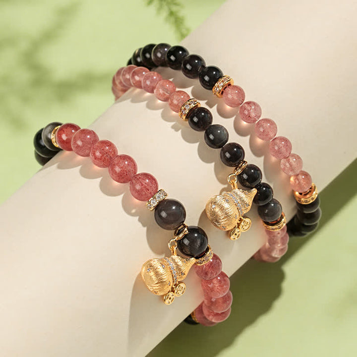 Buddha Stones ストロベリークォーツとゴールドワイヤーのひょうたん型ラブ良縁祈願ラップブレスレット - image 3