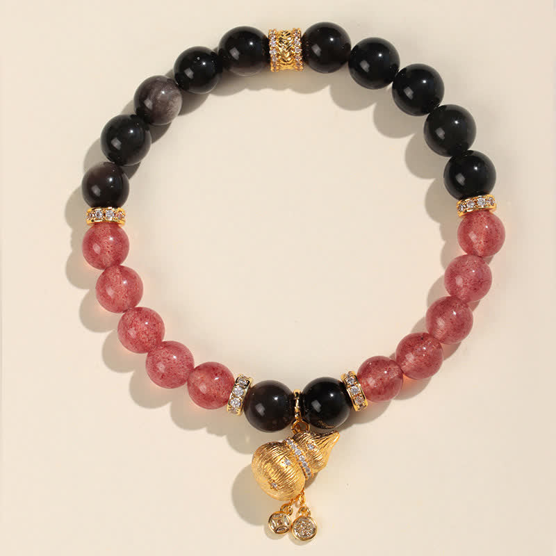 Buddha Stones ストロベリークォーツとゴールドワイヤーのひょうたん型ラブ良縁祈願ラップブレスレット - シングルラップブレスレット - ストロベリークォーツ（愛♥癒し） - image 0