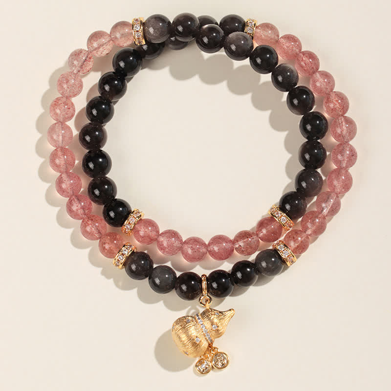Buddha Stones ストロベリークォーツとゴールドワイヤーのひょうたん型ラブ良縁祈願ラップブレスレット - ダブルラップブレスレット - ストロベリークォーツ（愛♥癒し） - image 1