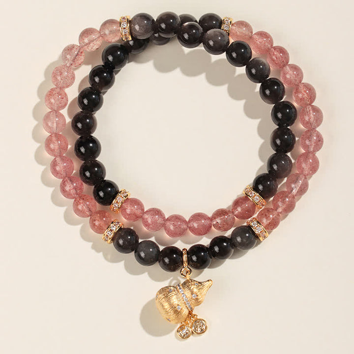Buddha Stones ストロベリークォーツとゴールドワイヤーのひょうたん型ラブ良縁祈願ラップブレスレット - ダブルラップブレスレット - ストロベリークォーツ（愛♥癒し） - image 1