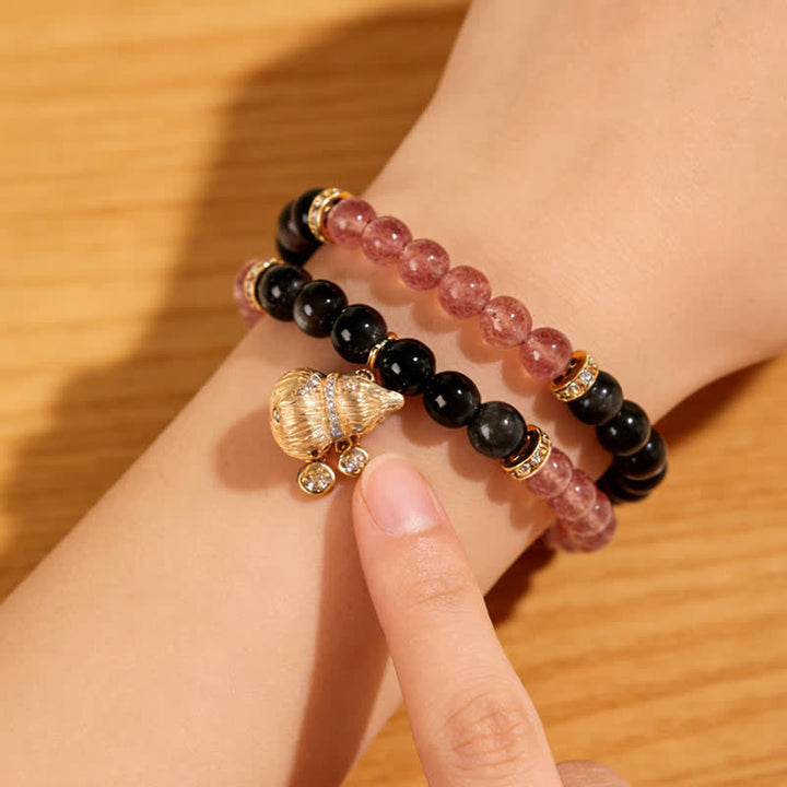 Buddha Stones ストロベリークォーツとゴールドワイヤーのひょうたん型ラブ良縁祈願ラップブレスレット - image 2