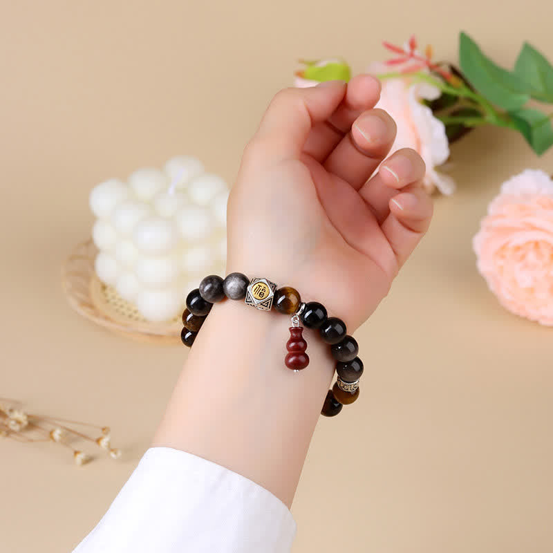 Buddha Stones 銀色の輝きを放つ黒曜石のグラウンディング・フー文字ひょうたんブレスレット - image 8