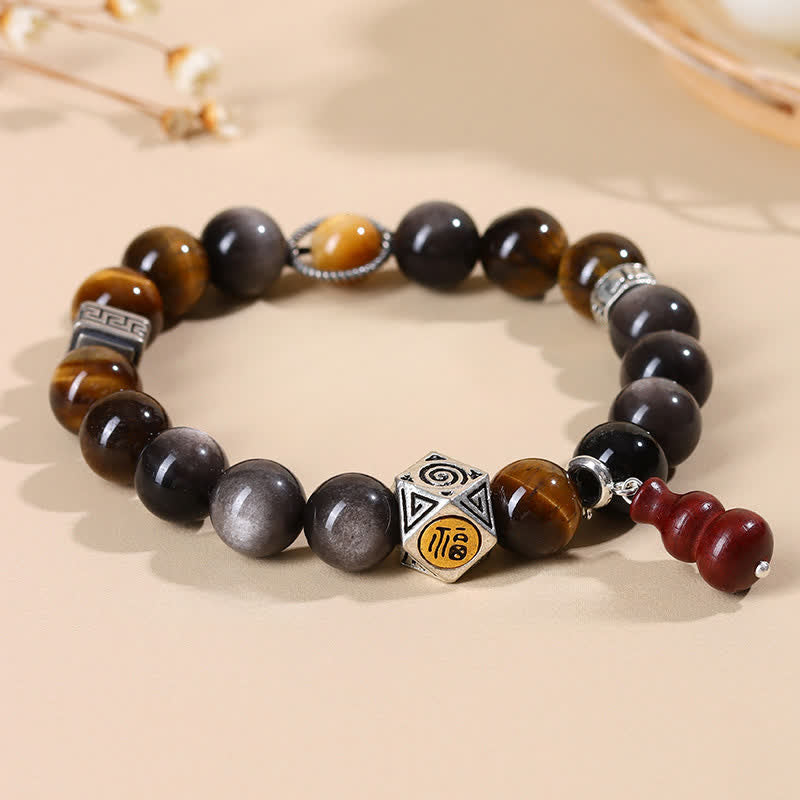 Buddha Stones 銀色の輝きを放つ黒曜石のグラウンディング・フー文字ひょうたんブレスレット - image 1