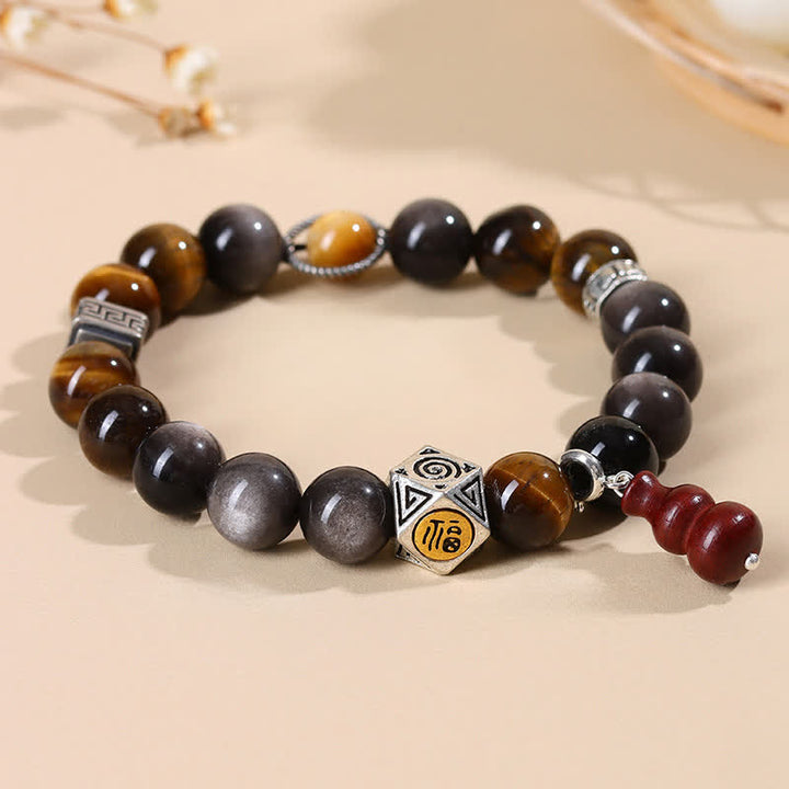 Buddha Stones 銀色の輝きを放つ黒曜石のグラウンディング・フー文字ひょうたんブレスレット - image 1