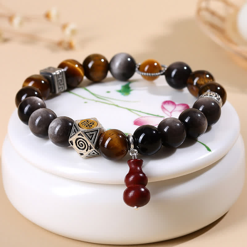 Buddha Stones 銀色の輝きを放つ黒曜石のグラウンディング・フー文字ひょうたんブレスレット - image 3