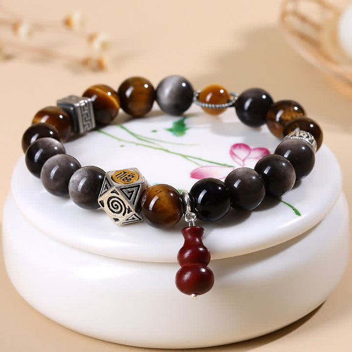 Buddha Stones 銀色の輝きを放つ黒曜石のグラウンディング・フー文字ひょうたんブレスレット - image 3