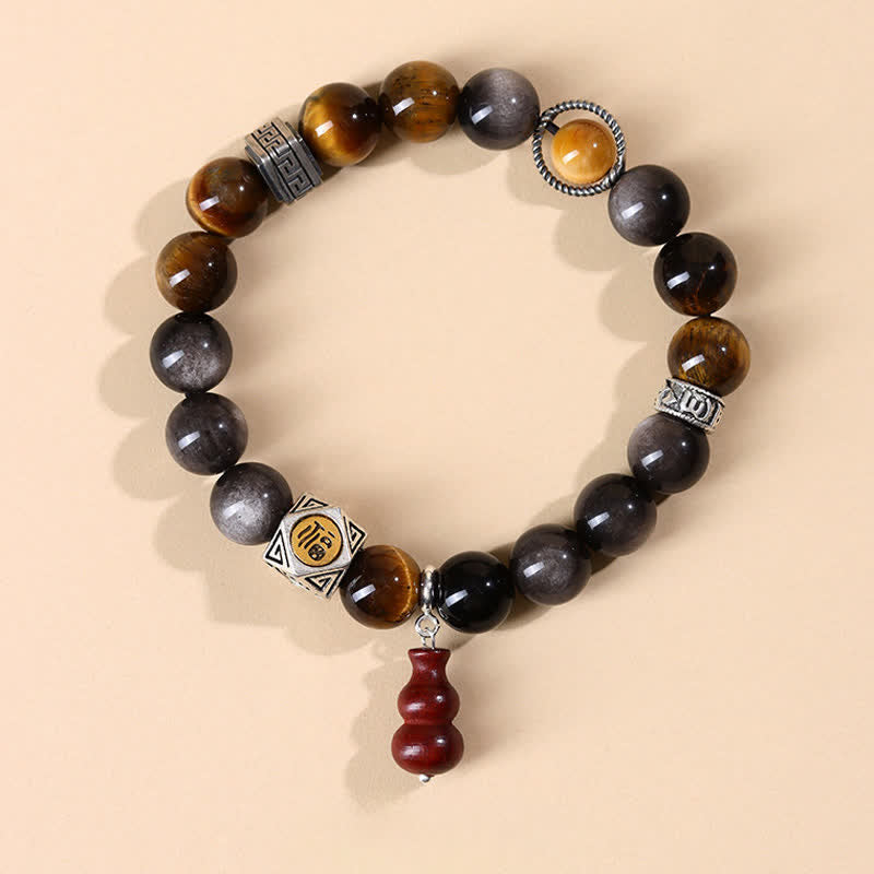 Buddha Stones 銀色の輝きを放つ黒曜石のグラウンディング・フー文字ひょうたんブレスレット - 福の文字（幸運♥良縁祈願） - シルバーシーンオブシディアン（保護♥癒し） - image 0