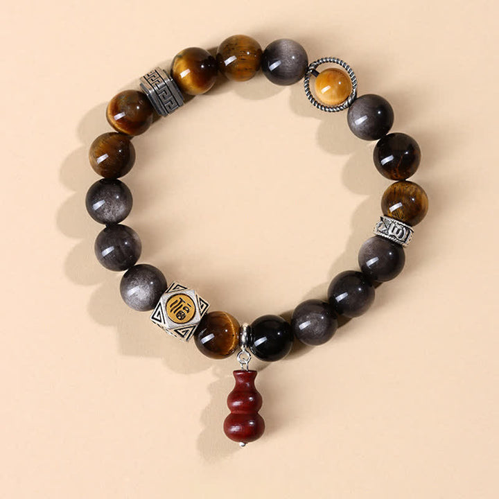 Buddha Stones 銀色の輝きを放つ黒曜石のグラウンディング・フー文字ひょうたんブレスレット - 福の文字（幸運♥良縁祈願） - シルバーシーンオブシディアン（保護♥癒し） - image 0