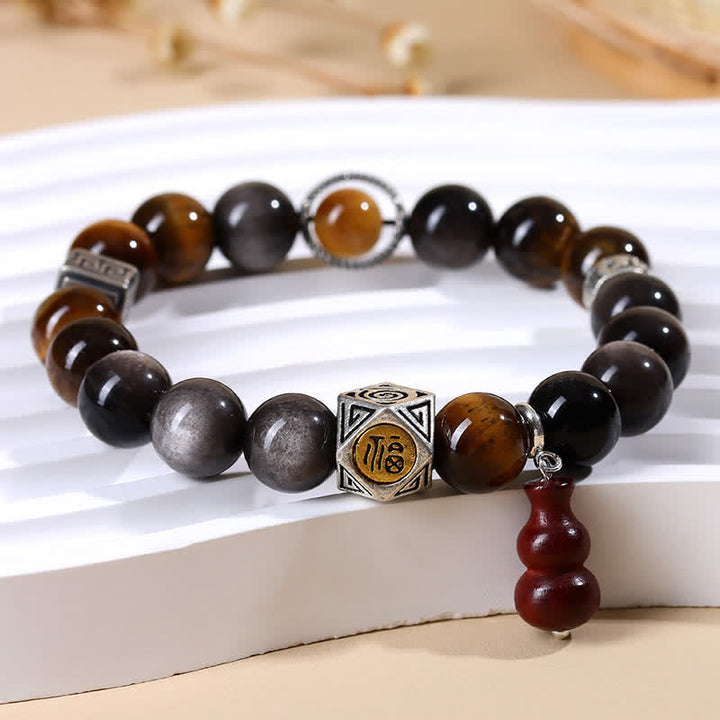 Buddha Stones 銀色の輝きを放つ黒曜石のグラウンディング・フー文字ひょうたんブレスレット - image 4