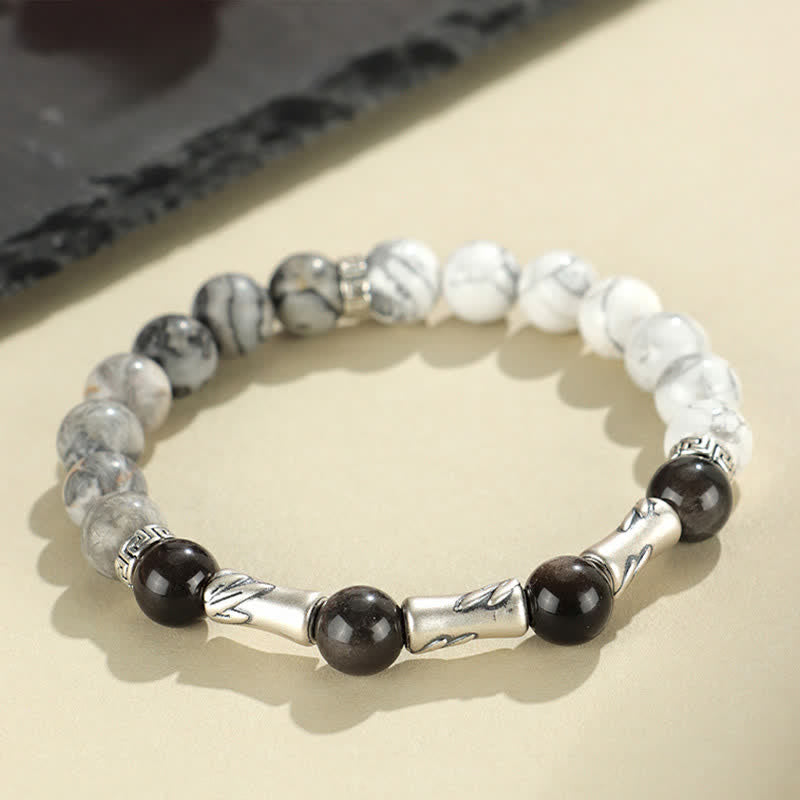 Buddha Stones 999スターリングシルバー製、ホワイトターコイズとシルバーシャインオブシディアン、バンブーグラウンディングラウンドブレスレット - image 2