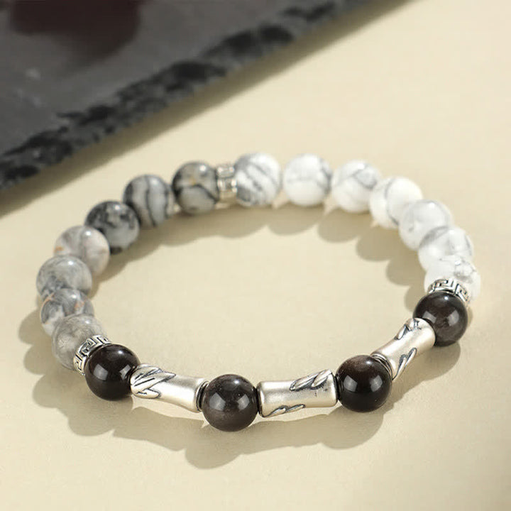 Buddha Stones 999スターリングシルバー製、ホワイトターコイズとシルバーシャインオブシディアン、バンブーグラウンディングラウンドブレスレット - image 2