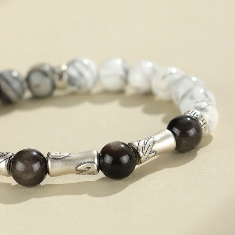 Buddha Stones 999スターリングシルバー製、ホワイトターコイズとシルバーシャインオブシディアン、バンブーグラウンディングラウンドブレスレット - image 9