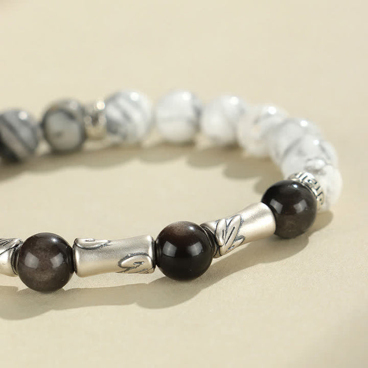 Buddha Stones 999スターリングシルバー製、ホワイトターコイズとシルバーシャインオブシディアン、バンブーグラウンディングラウンドブレスレット - image 9