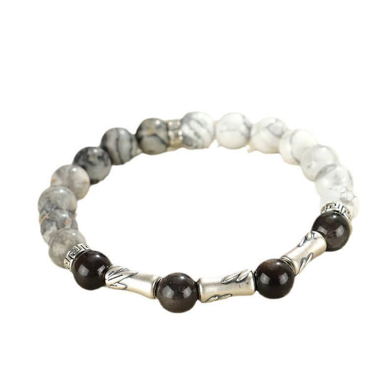 Buddha Stones 999スターリングシルバー製、ホワイトターコイズとシルバーシャインオブシディアン、バンブーグラウンディングラウンドブレスレット - image 11