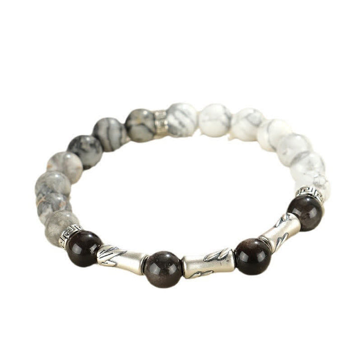 Buddha Stones 999スターリングシルバー製、ホワイトターコイズとシルバーシャインオブシディアン、バンブーグラウンディングラウンドブレスレット - image 11