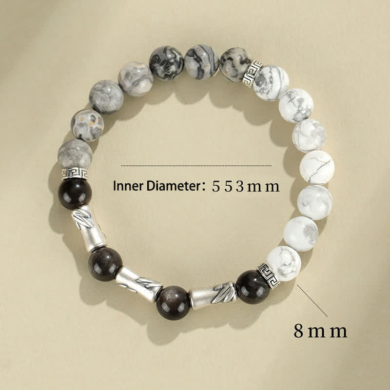 Buddha Stones 999スターリングシルバー製、ホワイトターコイズとシルバーシャインオブシディアン、バンブーグラウンディングラウンドブレスレット - image 8