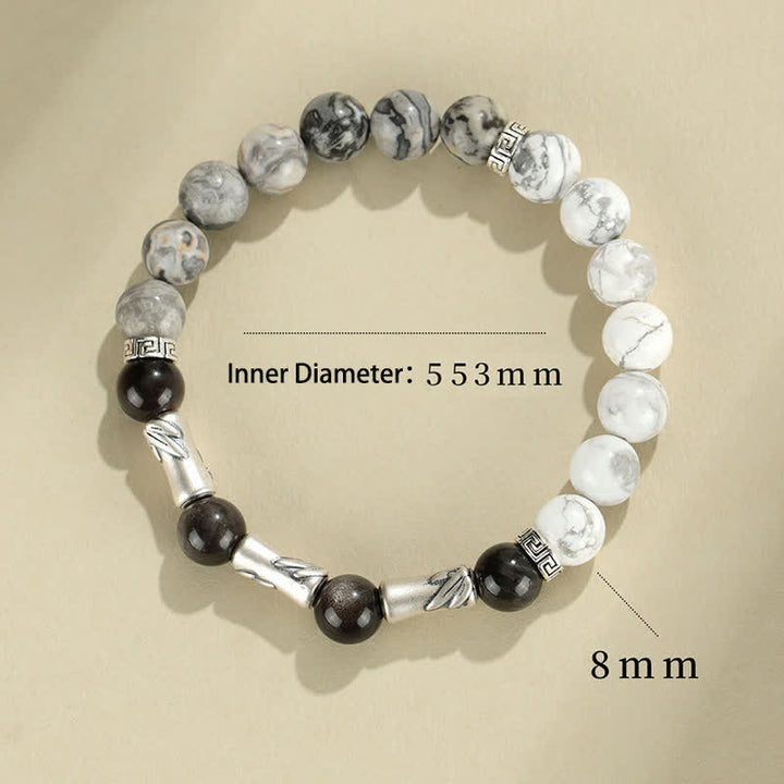 Buddha Stones 999スターリングシルバー製、ホワイトターコイズとシルバーシャインオブシディアン、バンブーグラウンディングラウンドブレスレット - image 8