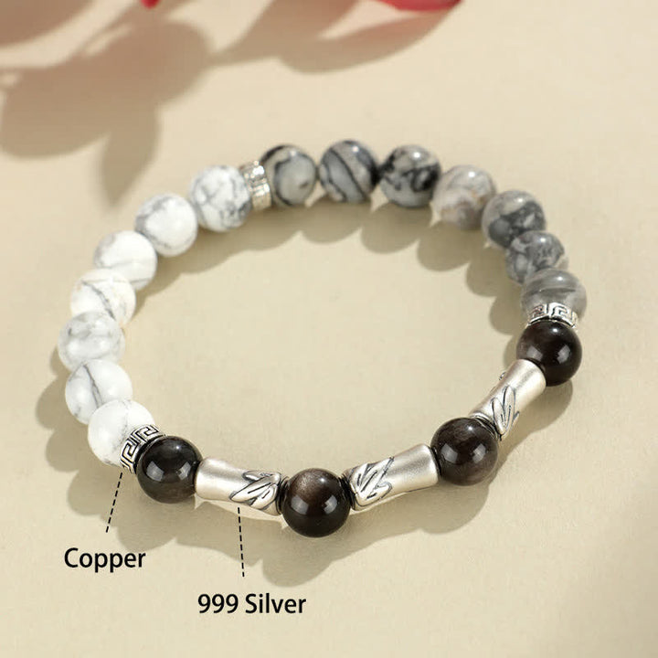Buddha Stones 999スターリングシルバー製、ホワイトターコイズとシルバーシャインオブシディアン、バンブーグラウンディングラウンドブレスレット - image 4