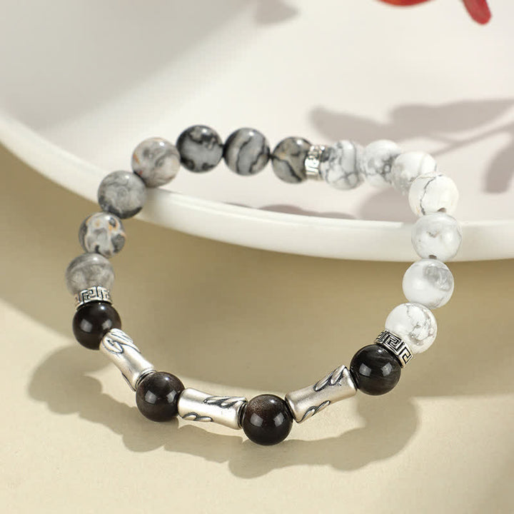 Buddha Stones 999スターリングシルバー製、ホワイトターコイズとシルバーシャインオブシディアン、バンブーグラウンディングラウンドブレスレット - image 1