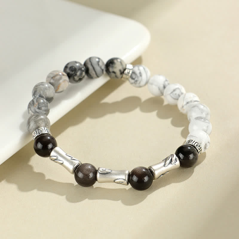 Buddha Stones 999スターリングシルバー製、ホワイトターコイズとシルバーシャインオブシディアン、バンブーグラウンディングラウンドブレスレット - ホワイトターコイズ（穏やかさ♥富とリラクゼーション） - image 0