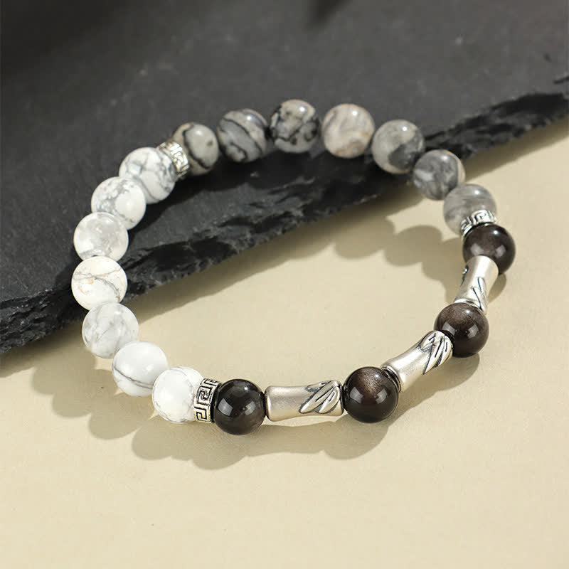 Buddha Stones 999スターリングシルバー製、ホワイトターコイズとシルバーシャインオブシディアン、バンブーグラウンディングラウンドブレスレット - image 3