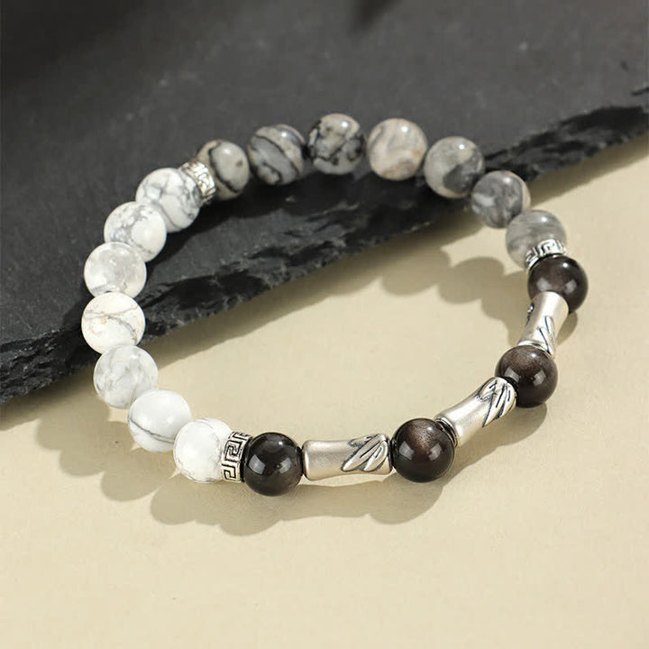 Buddha Stones 999スターリングシルバー製、ホワイトターコイズとシルバーシャインオブシディアン、バンブーグラウンディングラウンドブレスレット - image 3
