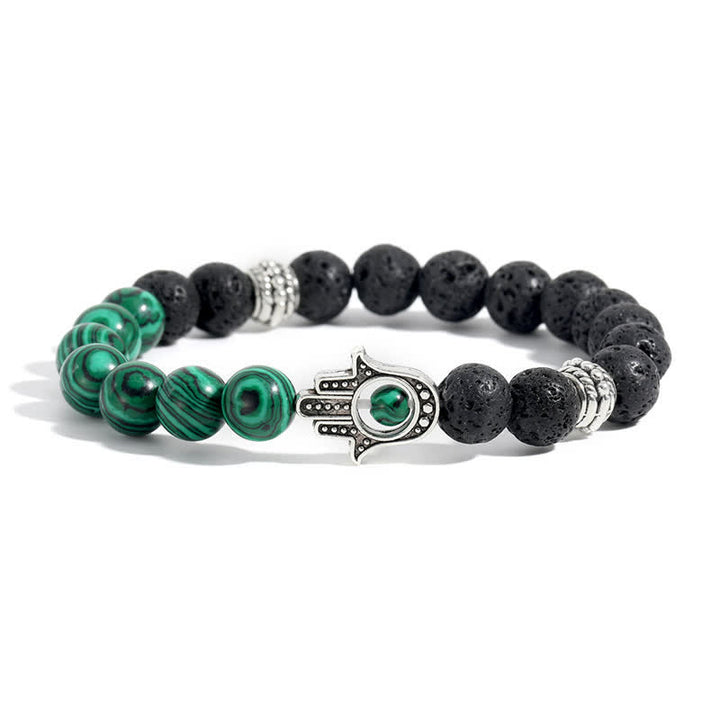 Buddha Stones 溶岩石ハムサパーム保護ハンドメイドラウンドブレスレット - 孔雀瑪瑙と溶岩石 - image 2