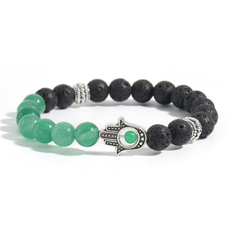 Buddha Stones 溶岩石ハムサパーム保護ハンドメイドラウンドブレスレット - グリーンアベンチュリンと溶岩石 - image 12