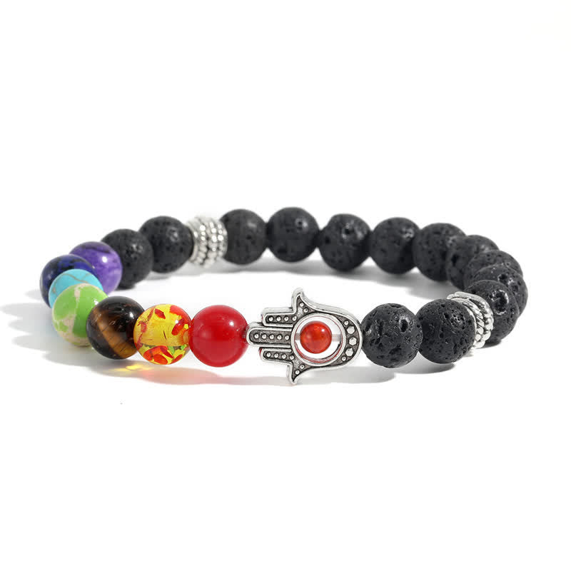 Buddha Stones 溶岩石ハムサパーム保護ハンドメイドラウンドブレスレット - マルチカラーストーン＆溶岩石 - image 7