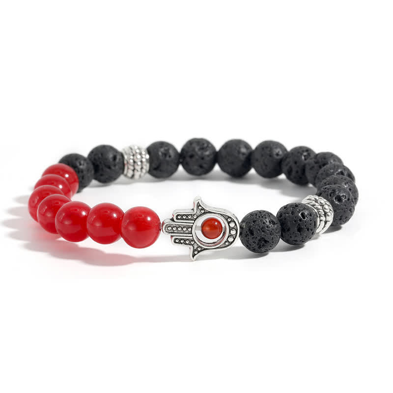 Buddha Stones 溶岩石ハムサパーム保護ハンドメイドラウンドブレスレット - 赤い瑪瑙と溶岩石 - image 8