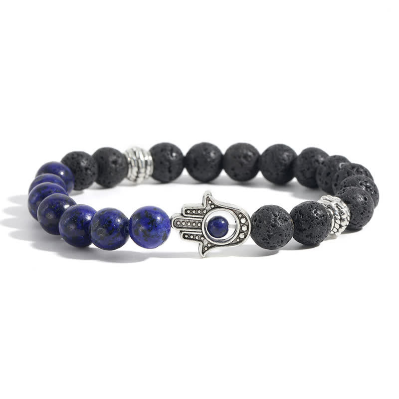 Buddha Stones 溶岩石ハムサパーム保護ハンドメイドラウンドブレスレット - 模造ラピスラズリと溶岩石 - image 13