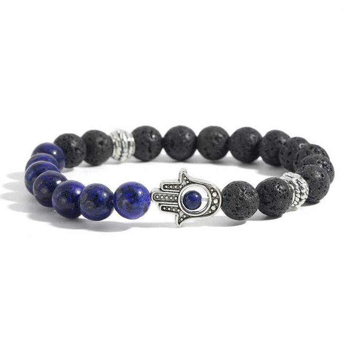 Buddha Stones 溶岩石ハムサパーム保護ハンドメイドラウンドブレスレット - 模造ラピスラズリと溶岩石 - image 13
