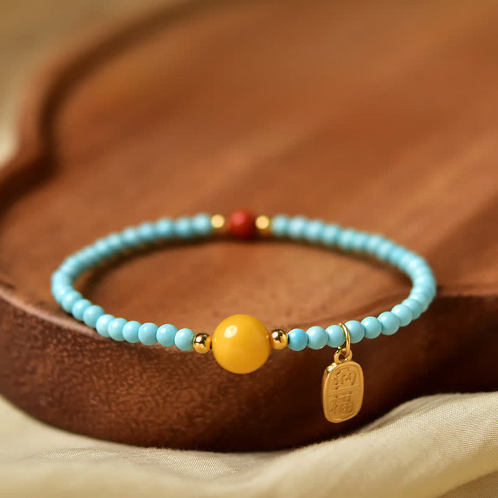 Buddha Stones ターコイズ製の福の文字をモチーフにした手作りのビーズブレスレット - ターコイズ（浄化♥静穏） - image 0
