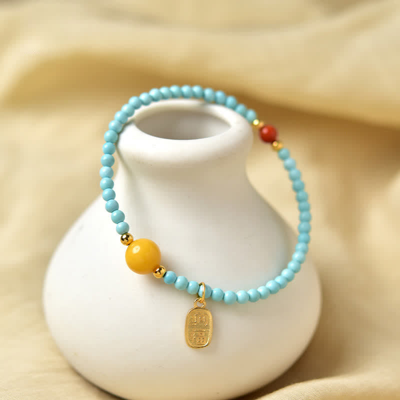 Buddha Stones ターコイズ製の福の文字をモチーフにした手作りのビーズブレスレット - image 4